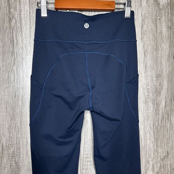 Lululemon Cropped Leggings Invigorate Navy Color Hip Pockets Size 4 - Picture 3 of 7